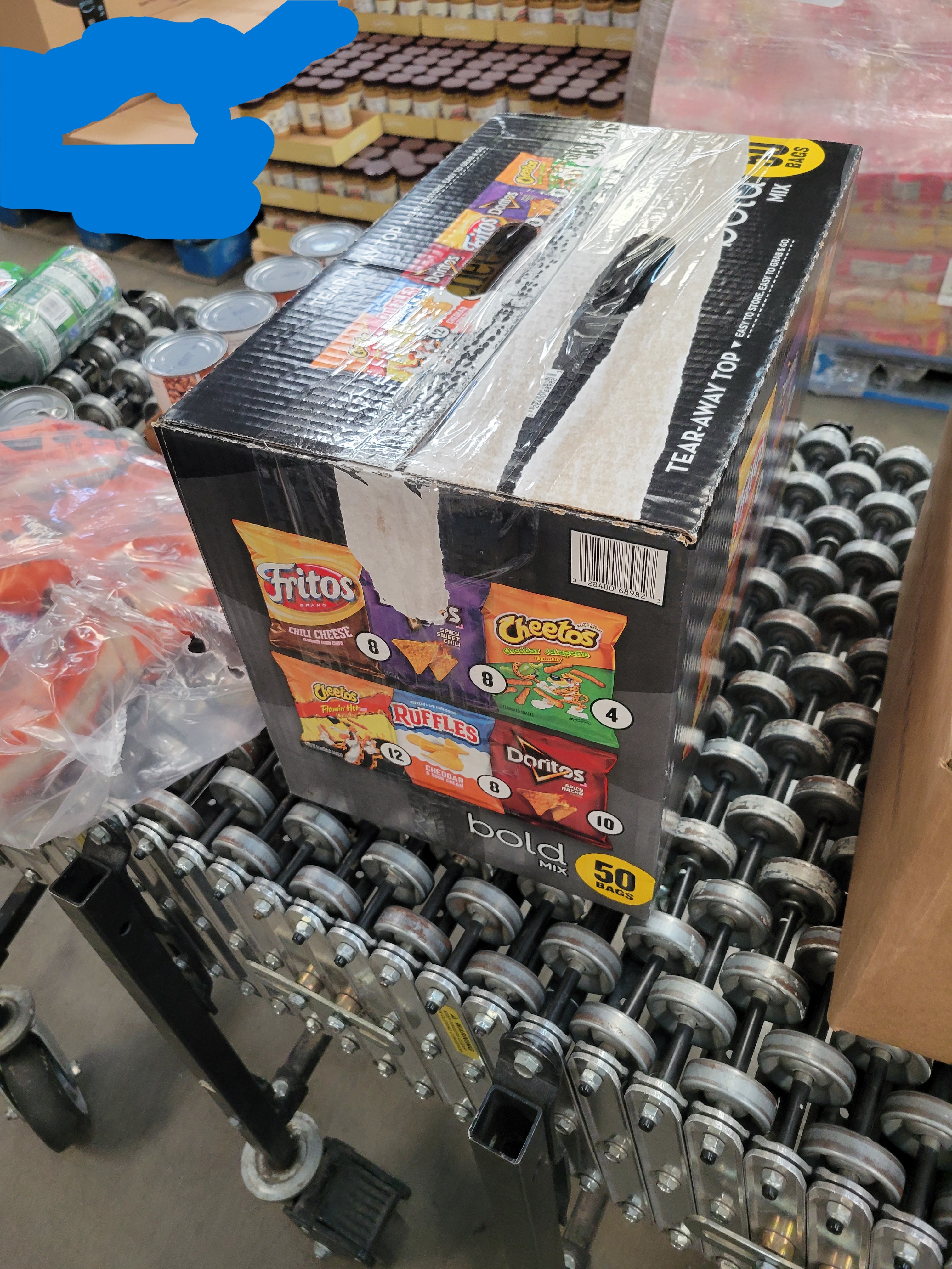 Chip box on a conveyor belt.